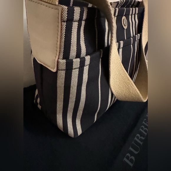 Burberry Logo Striped Canvas Tote Bag Navy Ivory with Burberry Dustbag - Picture 3 of 7